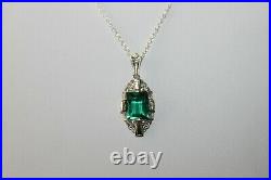Art Deco Carved Sterling Silver Green Emerald Paste Pendant Chain Necklace
