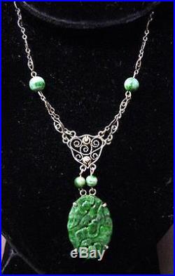 Art Deco Carved Vintage Nephrite Jade Pendant Necklace With Sterling Chain