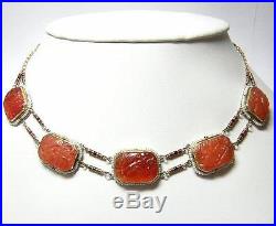 Art Deco Carved and Pierced Carnelian Necklace w Seed Pearls and Enamel