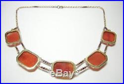 Art Deco Carved and Pierced Carnelian Necklace w Seed Pearls and Enamel