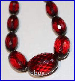Art Deco Cherry Amber Bakelite Faceted Graduated Necklace 17 Long, 30.8 Grams