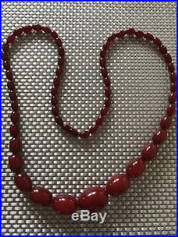 Art Deco Cherry Red Amber Bakelite 80g Stunning Bead Necklace 34 Long