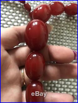 Art Deco Cherry Red Amber Bakelite 80g Stunning Bead Necklace 34 Long