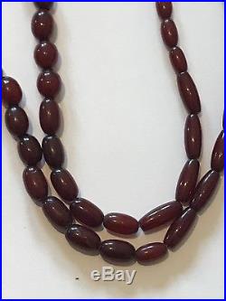 Art Deco Cherry Red Amber Bakelite Faturan Bead Necklace 39.5 61.6g 1920s