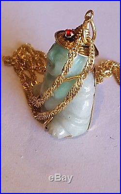 Art Deco Chinese 14k gold Ruby Green White Jade Budda necklace 12 grams