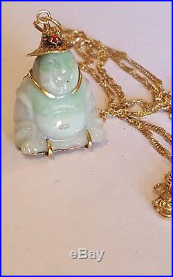 Art Deco Chinese 14k gold Ruby Green White Jade Budda necklace 12 grams