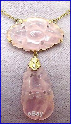 Art Deco Chinese Export 10k Gold Genuine Natural Rose Quartz Necklace (#J3594)