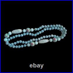 Art Deco Chinese Export Blue Water Jade Necklace W Carved &Handpainted Beads