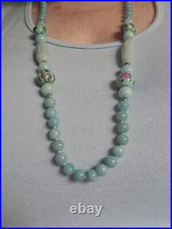 Art Deco Chinese Export Blue Water Jade Necklace W Carved &Handpainted Beads