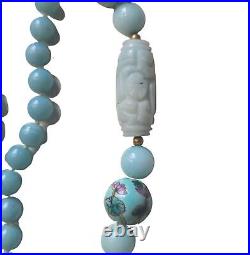 Art Deco Chinese Export Blue Water Jade Necklace W Carved &Handpainted Beads