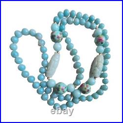 Art Deco Chinese Export Blue Water Jade Necklace W Carved &Handpainted Beads