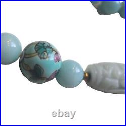 Art Deco Chinese Export Blue Water Jade Necklace W Carved &Handpainted Beads