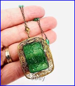 Art Deco Chinese Export Green Peking Glass Beaded Chain Necklace Vintage Jewelry