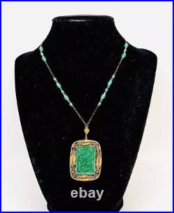 Art Deco Chinese Export Green Peking Glass Beaded Chain Necklace Vintage Jewelry