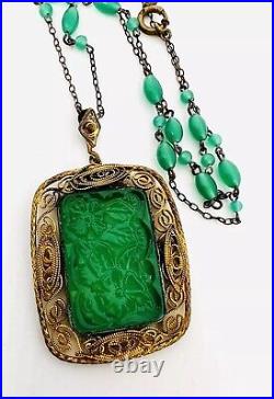 Art Deco Chinese Export Green Peking Glass Beaded Chain Necklace Vintage Jewelry