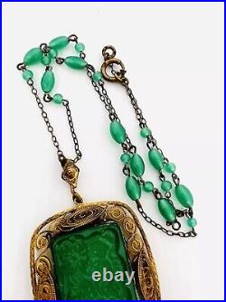 Art Deco Chinese Export Green Peking Glass Beaded Chain Necklace Vintage Jewelry