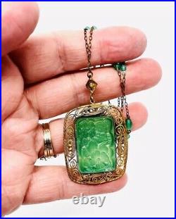 Art Deco Chinese Export Green Peking Glass Beaded Chain Necklace Vintage Jewelry