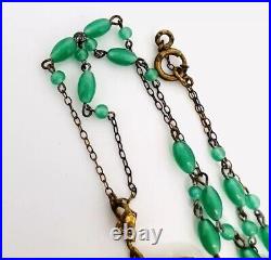 Art Deco Chinese Export Green Peking Glass Beaded Chain Necklace Vintage Jewelry