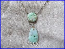 Art Deco Chinese Fruit/Bird Hand Carved Jade stone Sterling Chain Necklace 16
