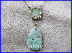 Art Deco Chinese Fruit/Bird Hand Carved Jade stone Sterling Chain Necklace 16