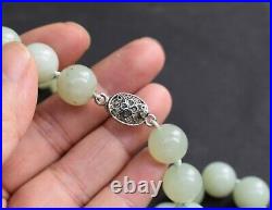 Art Deco Chinese Sterling Silver Dragon Bead Serpentine Celadon Jade Necklace