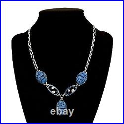 Art Deco Choker Necklace Blue Czech Molded Glass Floral Enamel Leaves Silver