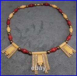 Art Deco Chrome Celluloid Necklace Vintage Red Beads