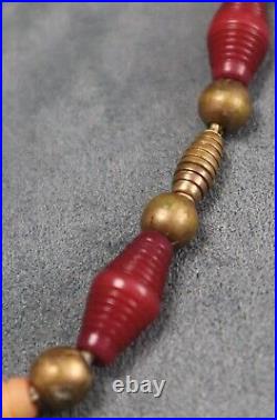 Art Deco Chrome Celluloid Necklace Vintage Red Beads