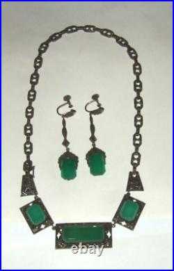 Art Deco Chrysaprase Necklace Earrings Estate Jewelry
