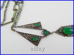 Art Deco Chrysoprase Green Glass, Enamel, & Silver Plate Filigree Necklace