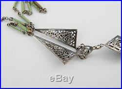 Art Deco Chrysoprase Green Glass, Enamel, & Silver Plate Filigree Necklace