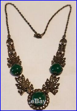Art Deco Chrysoprase Marcasite Sterling Silver Necklace