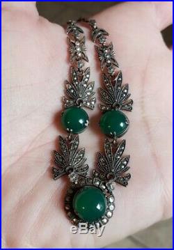 Art Deco Chrysoprase Marcasite Sterling Silver Necklace