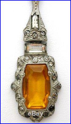 Art Deco Citrine Lavalier Necklace Yellow Gold Glass Rhinestone 19 Long Antique