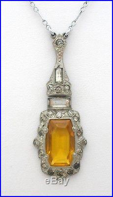 Art Deco Citrine Lavalier Necklace Yellow Gold Glass Rhinestone 19 Long Antique