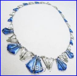 Art Deco Clear Blue Czech Glass Paste Geometric Sterling Silver Necklace