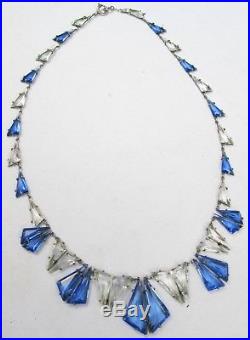 Art Deco Clear Blue Czech Glass Paste Geometric Sterling Silver Necklace