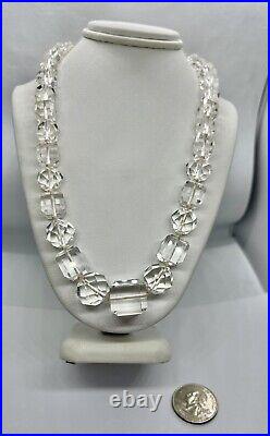 Art Deco Clear Cut Crystal Czech Art Glass Square & Round Beads Necklace 16 1/2