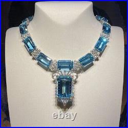 Art Deco Cocktail Party Solid 925 Silver Aquamarine & CZ Necklace Women Handmade