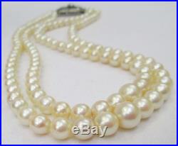 Art Deco Cream Graduated Cultured Pearl Necklace Double Strand Hand Knotted