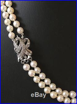 Art Deco Cultured Akoya Pearl Necklace on 14ct, 14k Gold Diamond cluster clasp