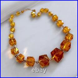 Art Deco Cut Glass Necklace Honey Amber Graduated Beads Vintage English Antique