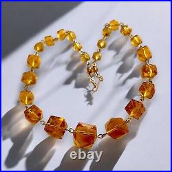 Art Deco Cut Glass Necklace Honey Amber Graduated Beads Vintage English Antique