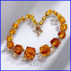 Art Deco Cut Glass Necklace Honey Amber Graduated Beads Vintage English Antique