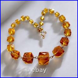 Art Deco Cut Glass Necklace Honey Amber Graduated Beads Vintage English Antique