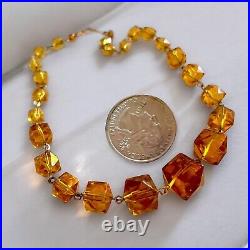 Art Deco Cut Glass Necklace Honey Amber Graduated Beads Vintage English Antique