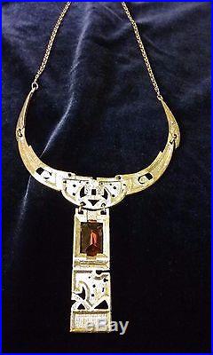 Art Deco Czech Amber Glass Necklace Choker Egyptian Revival Collar Bib 1930s