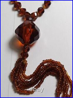 Art Deco Czech Amber Glass Tassel Flapper Estate Necklace 38 Long RARE