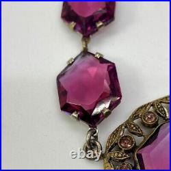 Art Deco Czech Amethyst Cut Glass Open Back NecklaceVintage Crystal