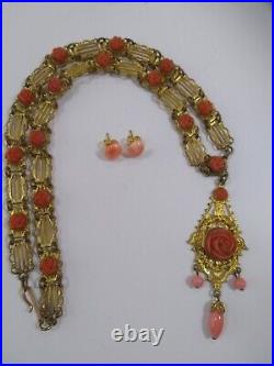 Art Deco Czech Carved Orange Roses & Glass Necklace with Coral Earring Vintage Lot